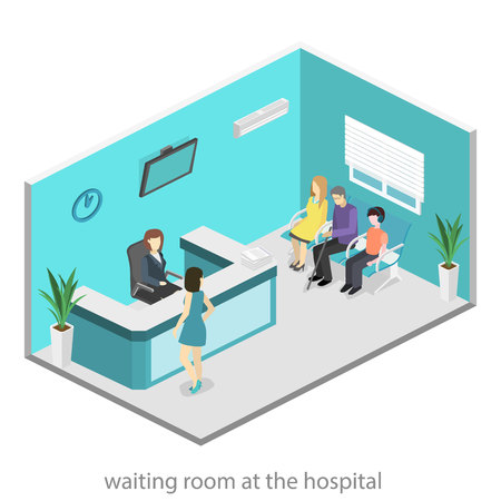 Isometric interior of reception. Flat 3D vector real illustration of waiting room in hospital or medical institutionのイラスト素材