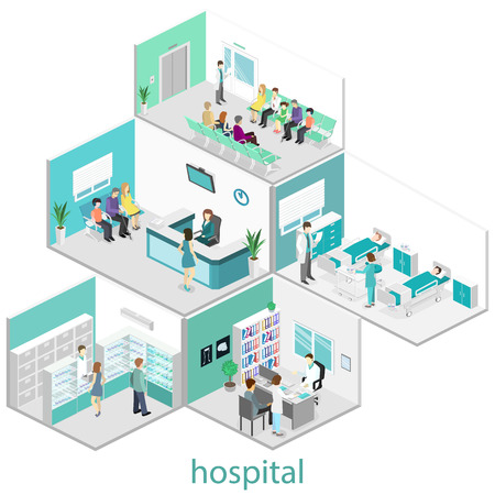Isometric flat interior of hospital room, pharmacy, doctor's office, waiting room, reception. Doctors treating the patient. Flat 3D vector illustrationのイラスト素材