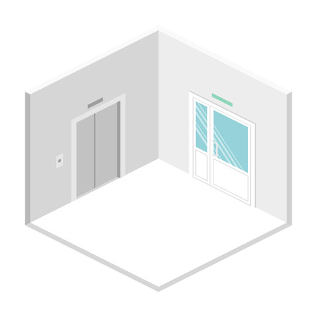 isometric hall with door and elevator. Flat 3D vector illustration.のイラスト素材