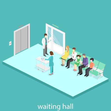 waiting room in hospital. Visitors sit on the chairs in the corridor. patient waits to receive a doctor. Flat 3D vector illustration.のイラスト素材