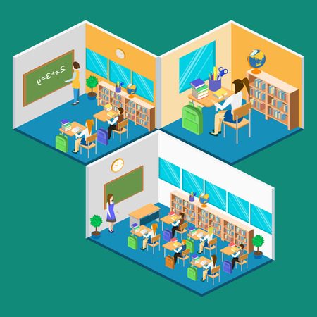 Isometric interior of school. Children learn at school. Flat 3d vector infographic illustrationのイラスト素材