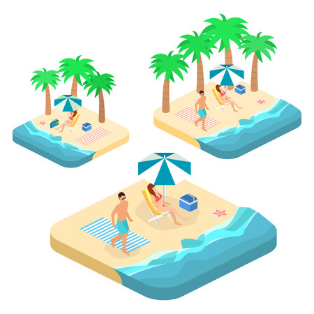 Isometric infographic landscape with sea and people on the beach. Isometric flat 3D landscape. Set of objectのイラスト素材