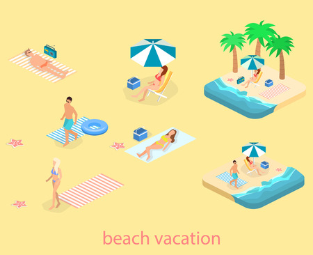 Isometric infographic landscape with sea and people on the beach. Isometric flat 3D landscape. Set of objectのイラスト素材