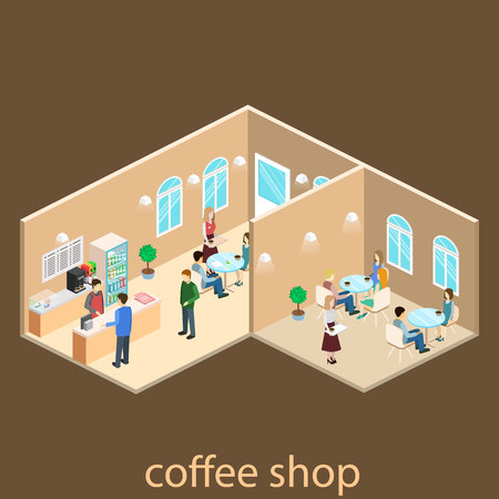 Isometric interior of coffee shop. flat 3D isometric design interior cafe or restaurant. People sit at tables and eat. Concept illustration of the room.のイラスト素材