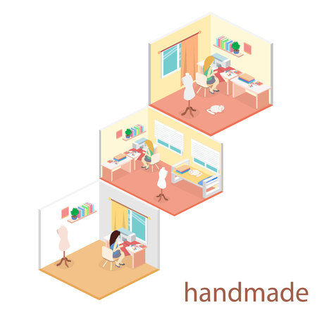 woman sews on the sewing machine. Isometric room interior. Flat 3D object.のイラスト素材