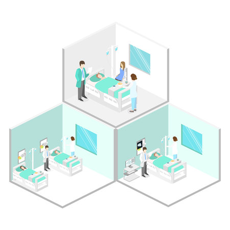 Isometric flat interior of hospital room. Doctors treating the patient. Flat 3D vector illustrationのイラスト素材