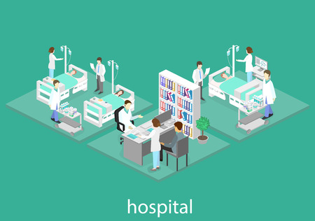 Isometric flat interior of hospital room. Doctors treating the patient. Flat 3D vector illustrationのイラスト素材