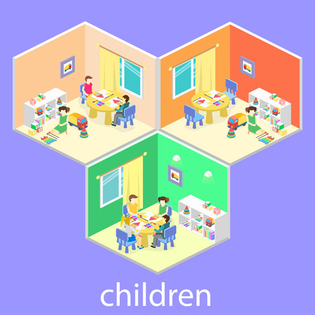 Isometric interior of room in the kindergarten. Children draw. Flat vector 3D illustrationのイラスト素材