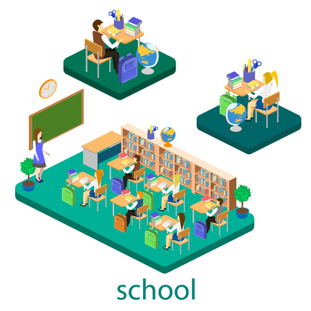 Isometric interior of school. Children learn at school. Flat 3d vector infographic illustrationのイラスト素材