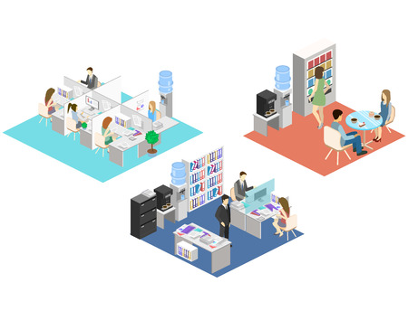 Flat 3d isometric abstract office floor interior departments concept vector. People working in offices.のイラスト素材