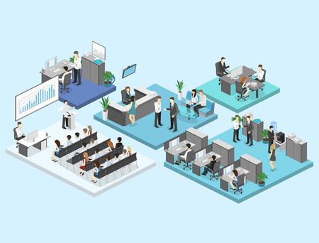 sometric flat 3d abstract office floor interior departments concept vector. conference hall, offices, workplaces, director of the office interiorのイラスト素材