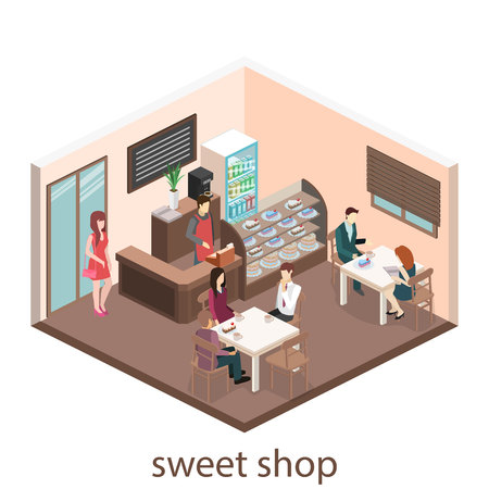Isometric interior of sweet-shop. People sit at the table and eating. Flat 3D illustartionのイラスト素材