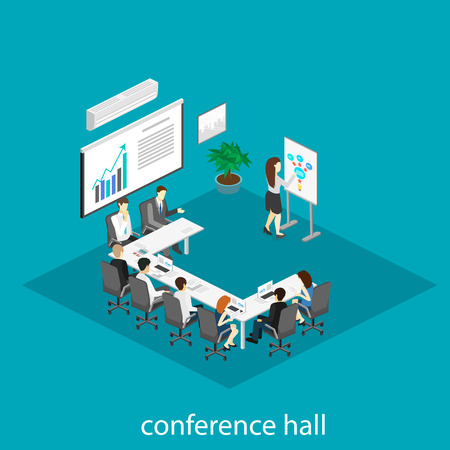 Business meeting in an office Business presentation meeting in an office around a table. Isometric flat 3D interiorのイラスト素材