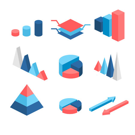 isometric flat 3D infographic elements with data icons and design elements. Pie chart, layers graphs and pyramid diagram. Infographic presentation. Vector illustrationのイラスト素材