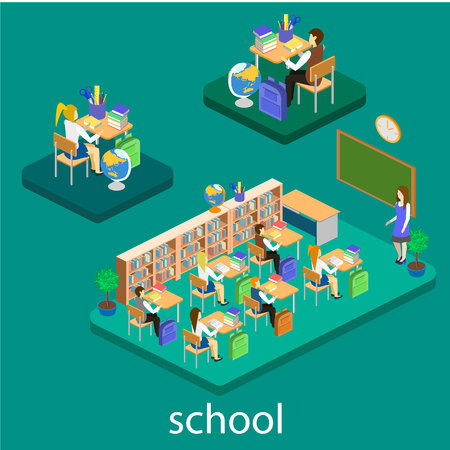 Isometric interior of school. Children learn at school. Flat 3d vector infographic illustrationのイラスト素材