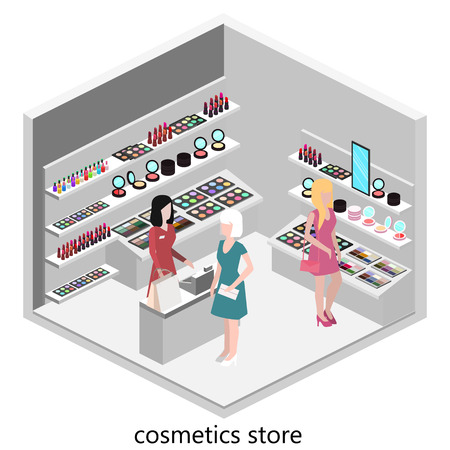 Isometric interior of cosmetics shop. Flat 3D vector illustration.のイラスト素材
