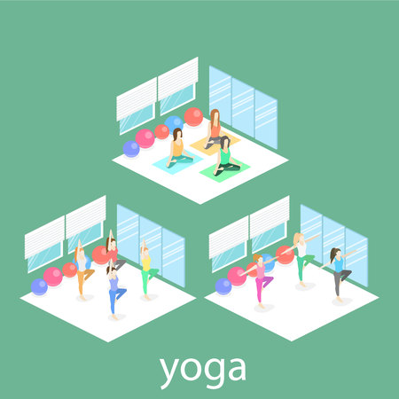 Isometric interior of yoga class. people do yoga. Vector Flat 3D illustration.のイラスト素材