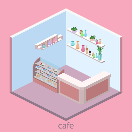 Isometric interior of sweet-shop. People sit at the table and eating. Flat 3D vector illustrationのイラスト素材