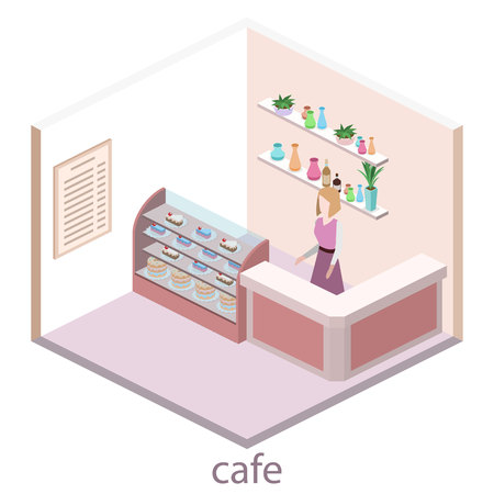 Isometric interior of sweet-shop. People sit at the table and eating. Flat 3D vector illustrationのイラスト素材