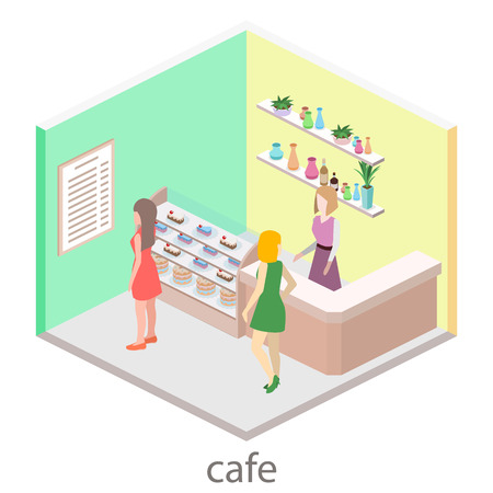 Isometric interior of sweet-shop. People sit at the table and eating. Flat 3D vector illustrationのイラスト素材