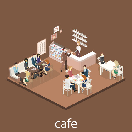 Isometric interior of sweet-shop. People sit at the table and eating. Flat 3D vector illustrationのイラスト素材