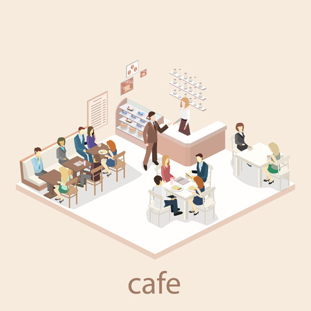 Isometric interior of sweet-shop. People sit at the table and eating. Flat 3D vector illustrationのイラスト素材