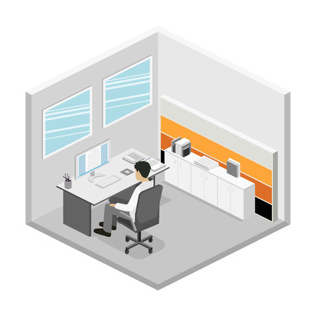 Flat 3d isometric abstract office floor interior departments concept. Set of isometric business people , info graphic vector designのイラスト素材