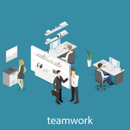 Flat 3d isometric abstract office floor interior departments concept. Set of isometric business people , info graphic vector designのイラスト素材
