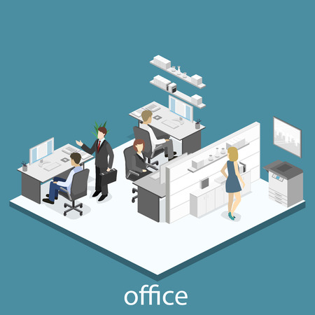 Flat 3d isometric abstract office floor interior departments concept. Set of isometric business people , info graphic vector designのイラスト素材