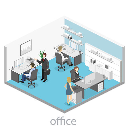 Flat 3d isometric abstract office floor interior departments concept. Set of isometric business people , info graphic vector designのイラスト素材