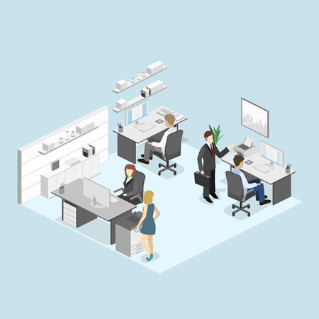Flat 3d isometric abstract office floor interior departments concept. Set of isometric business people , info graphic vector designのイラスト素材