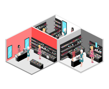 Isometric interior of cosmetics shop. Flat 3D vector illustration.のイラスト素材
