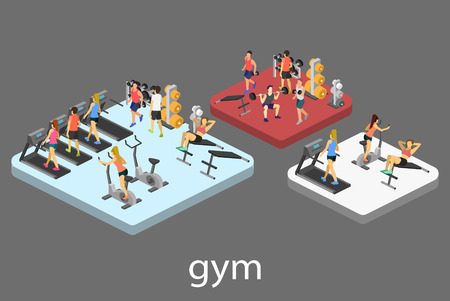 Isometric interior of gym. People involved in sports. Flat 3D vector illustration.のイラスト素材