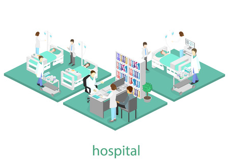 Isometric flat interior of hospital room. Doctors treating the patient. Flat 3D vector illustrationのイラスト素材