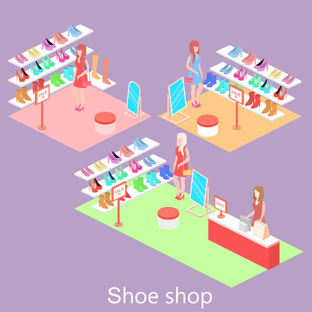 Isometric interior shoe shop. Flat 3D vector illustrationのイラスト素材