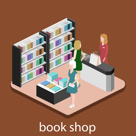 Isometric flat 3D interior of book shop. Vector illustration ibook store. People choose and buy booksのイラスト素材