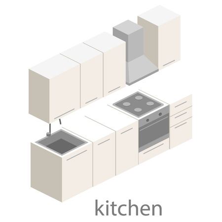 Isometric flat 3D interior of modern kitchen. full set of kitchen furniture vector ilustration.のイラスト素材
