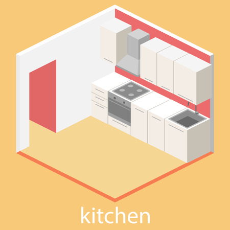 Isometric flat 3D interior of modern kitchen. full set of kitchen furniture vector ilustration.のイラスト素材