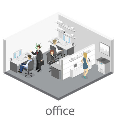 Flat 3d isometric abstract office floor interior departments concept. Set of isometric business people , info graphic vector designのイラスト素材