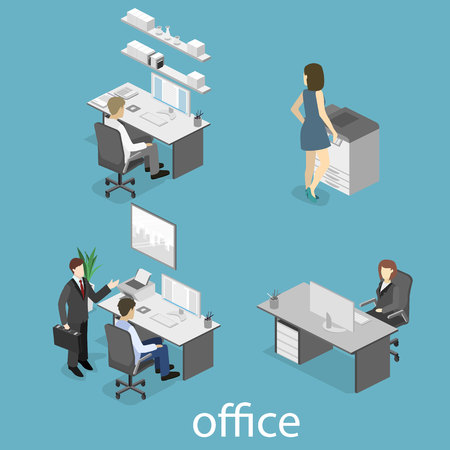 Flat 3d isometric abstract office floor interior departments concept. Set of isometric business people , info graphic vector designのイラスト素材