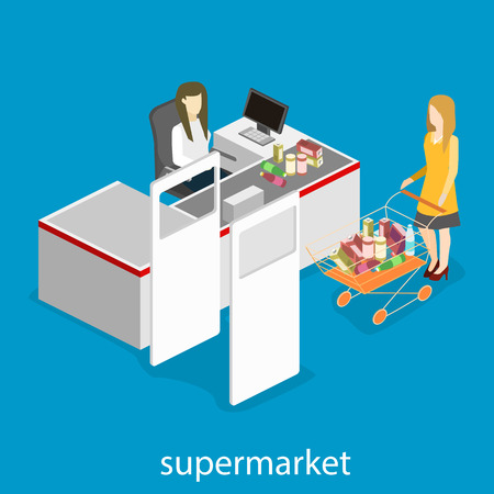Isometric interior of grocery store. Shopping mall flat 3d isometric concept web vector illustration.のイラスト素材