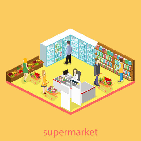 Isometric interior of grocery store. Shopping mall flat 3d isometric concept web vector illustration.のイラスト素材