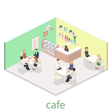 Isometric interior of sweet-shop. People sit at the table and eating. Flat 3D vector illustrationのイラスト素材