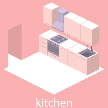 Isometric flat 3D interior of modern kitchen. full set of kitchen furniture vector ilustration.のイラスト素材