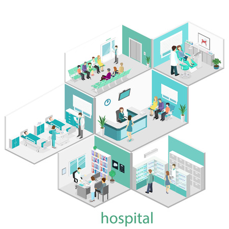 Isometric flat interior of hospital room, pharmacy, doctor's office, waiting room, reception, dentist's office. Doctors treating the patient. Flat 3D vector illustrationのイラスト素材