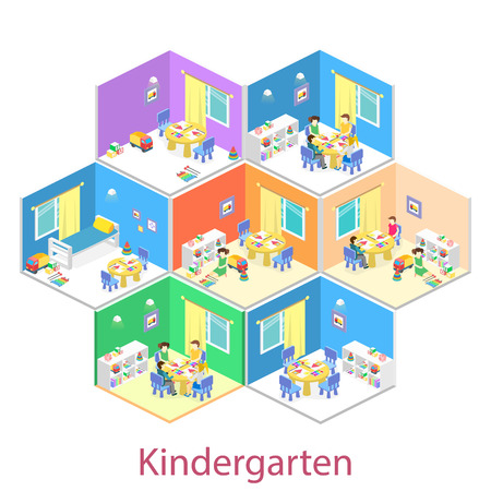 Isometric interior of room in the kindergarten. Children draw. Flat vector 3D illustrationのイラスト素材