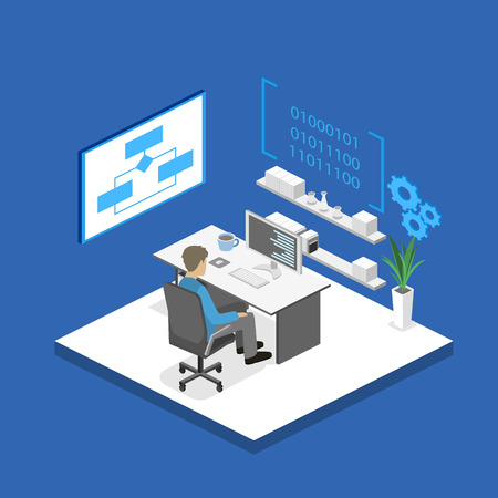 Flat 3D vector isometric concept illustration of office software developer and teamwork. development of mobile applications.のイラスト素材