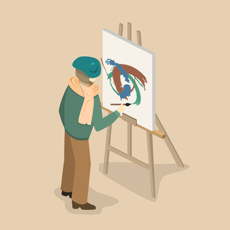 professional painter wearing a scarf and beret painting a picture on an easel. Artist painter at work easel flat 3d web isometric infographic concept vector template.のイラスト素材