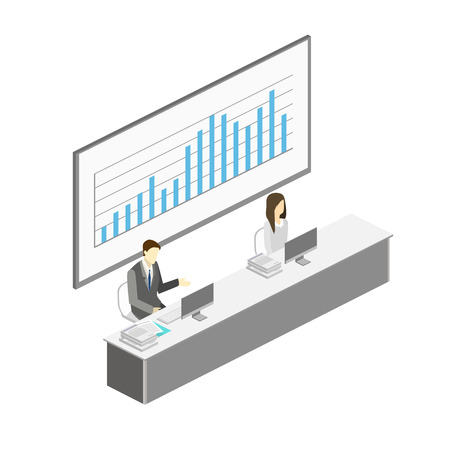 Business meeting in an office. Business presentation meeting in conference hall. Isometric flat 3D vector illustration business man pointing to an boardのイラスト素材