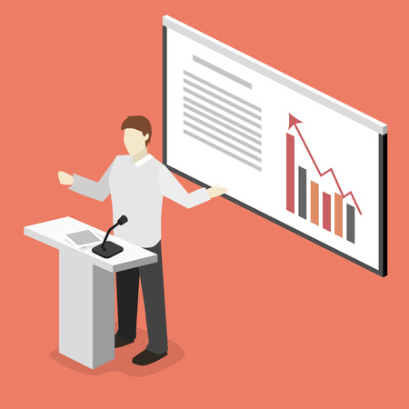 Business meeting in an office. Business presentation meeting in conference hall. Isometric flat 3D vector illustration business man pointing to an boardのイラスト素材